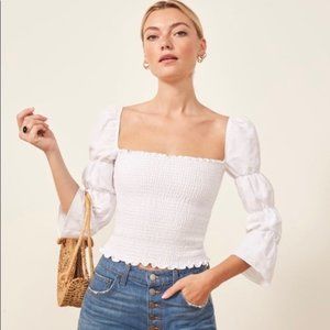 REFORMATION Top Puff Sleeve Linen Smocked blouse shirt white Sz Small